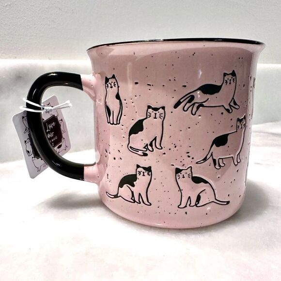 NWT RARE & Unique Camper Mug Live Love Meow Cat Ceramic Coffee Mug Pink 20oz by - Picture 2 of 4